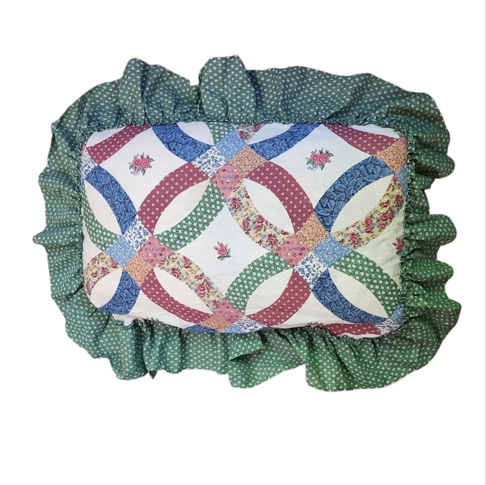 Vintage Calico Double Wedding Ring quilted Pillowcase sham